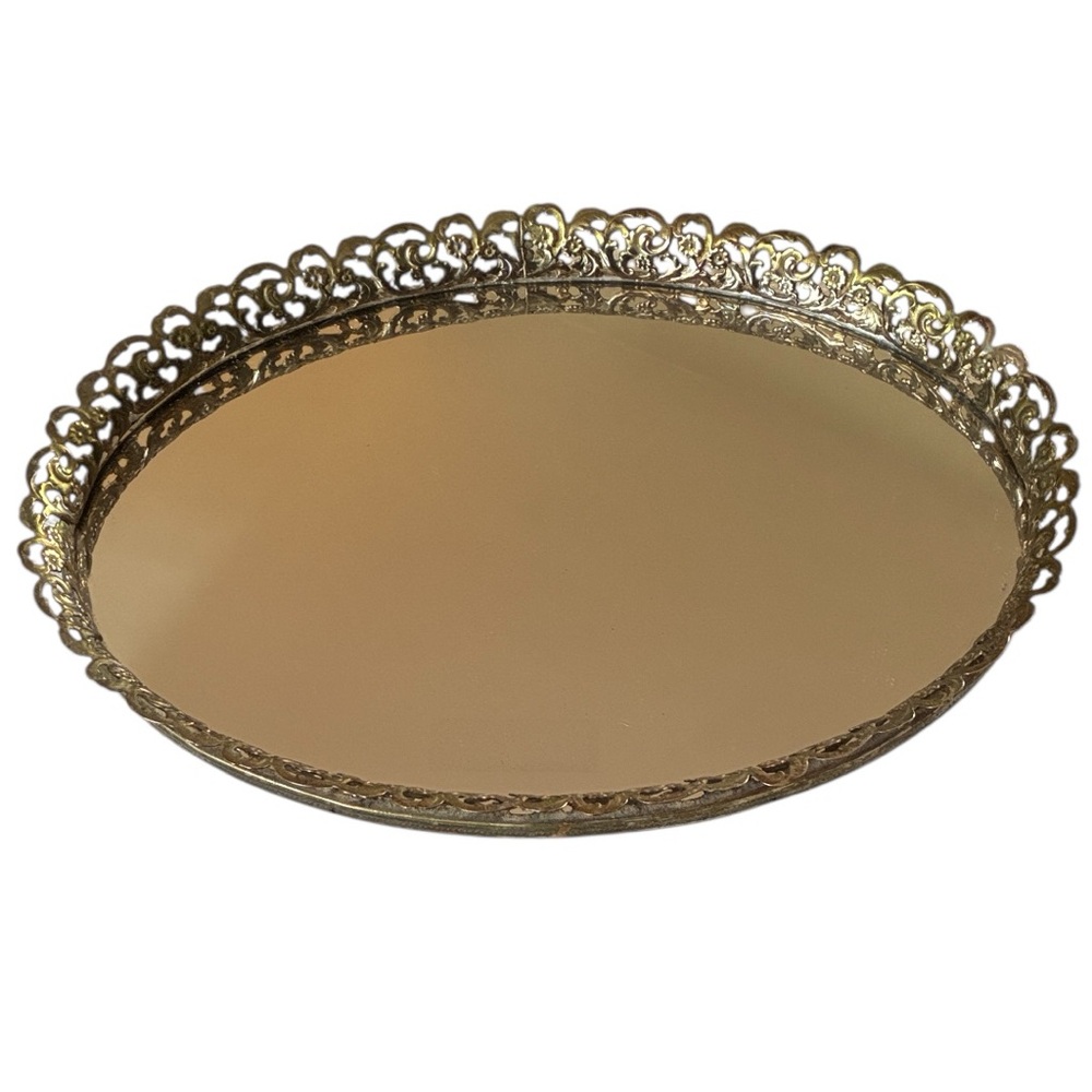 Mirrored vanity tray ornate reticulated brass filigree frame Around Oval Mirror
